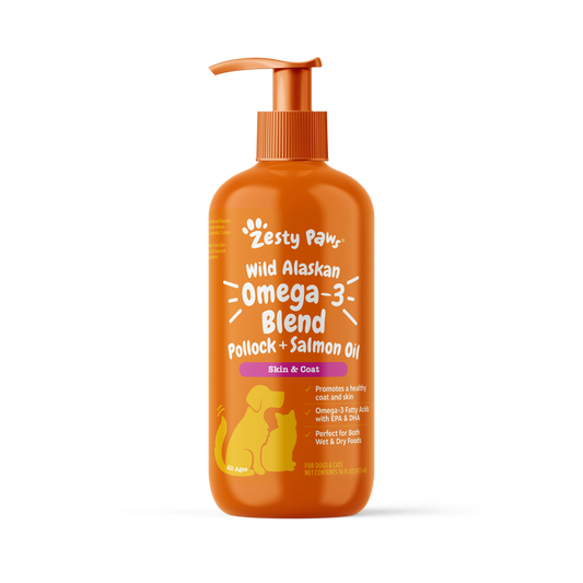 Orange pump bottle of Zesty Paws Wild Alaskan Omega-3 Blend Pollock and Salmon Oil with product label and dog silhouette grap