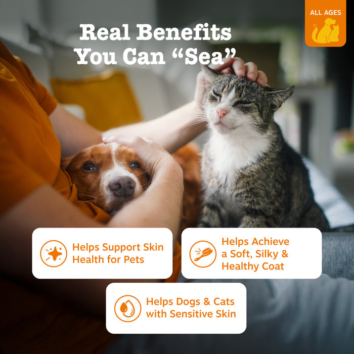 Person in orange shirt petting a brown and white dog and tabby cat, with benefit text overlays.