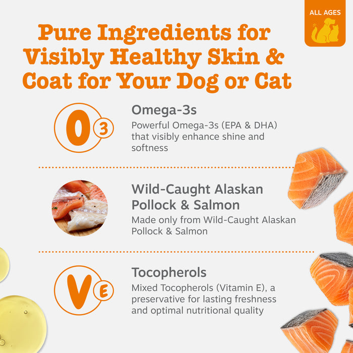 Infographic displaying omega-3 supplement benefits with omega icon, wild-caught salmon and pollock images, and tocopherol vit