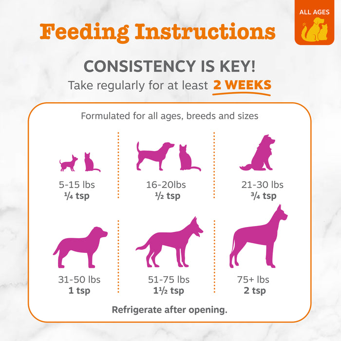 Feeding instructions chart showing dosage by pet weight with purple dog silhouettes and "All Ages" badge on marble background