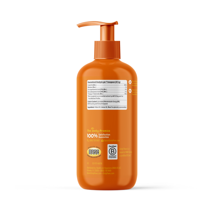Orange pump bottle containing fish oil supplement with nutrition label and certification badges on front.