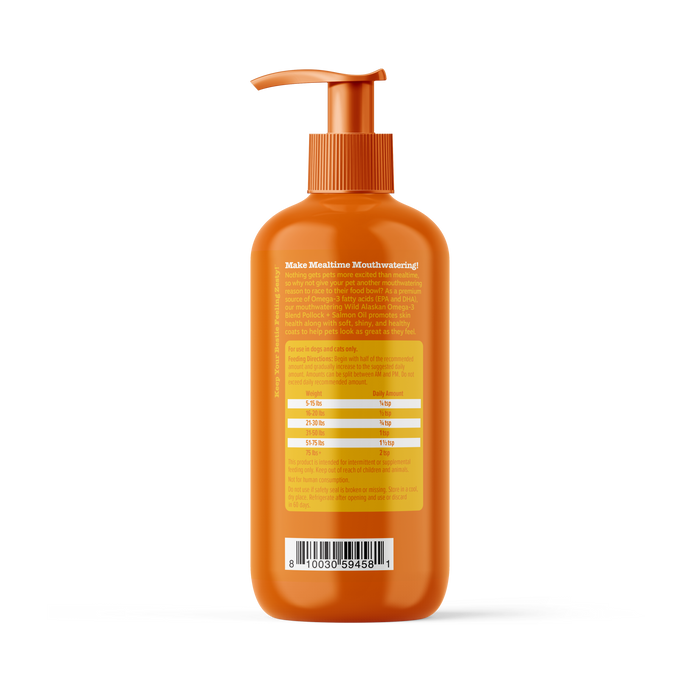 Orange pump bottle with white and yellow label containing fish oil supplement with nutritional information and barcode.