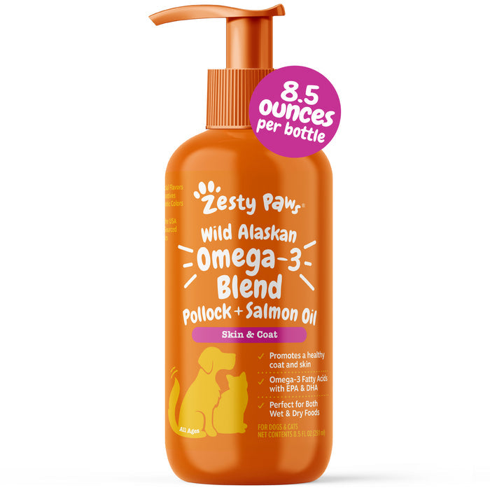 Orange pump bottle of Zesty Paw Wild Alaskan Omega-3 Blend fish oil for dogs, 8.5 ounces.