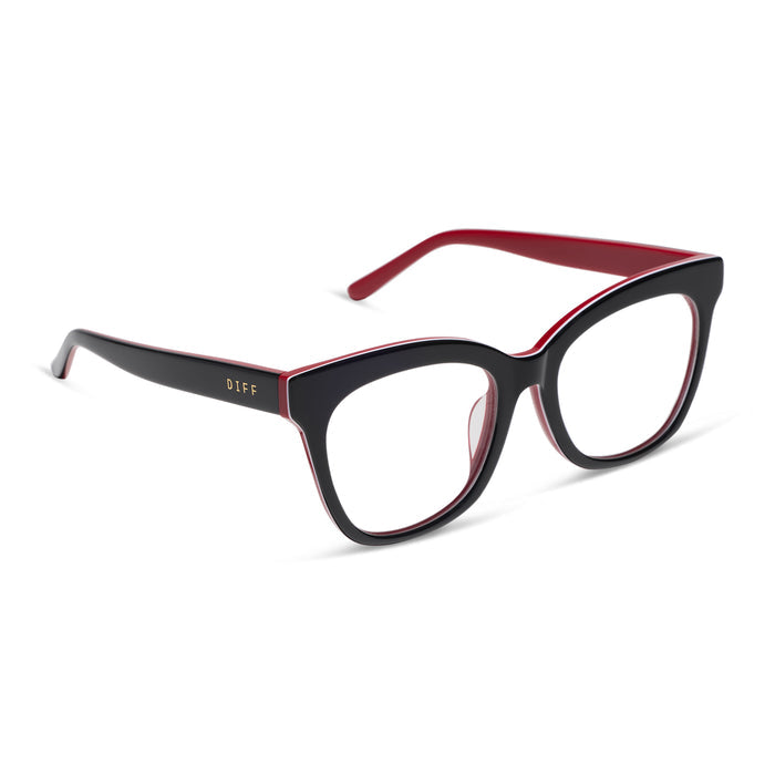 diff eyewear winston cat eye prescription glasses with a black, white, and red acetate frame angled view