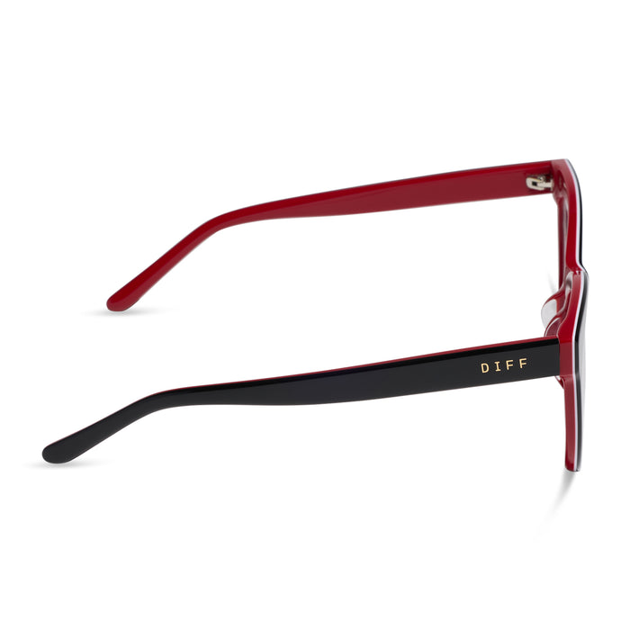 diff eyewear winston cat eye prescription glasses with a black, white, and red acetate frame side view