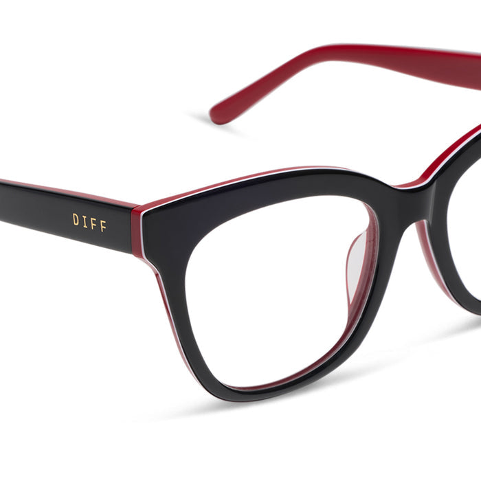 diff eyewear winston cat eye prescription glasses with a black, white, and red acetate frame detailed view