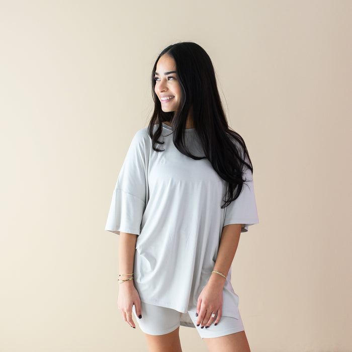 Woman wearing Women’s Biker Short Set with Oversized Tee in Oat