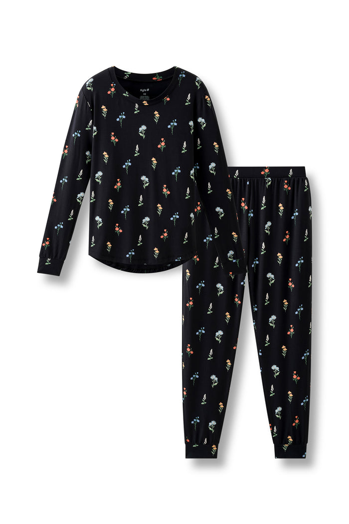 Black Women's Jogger Pajama Set in Wildflower print on a white background