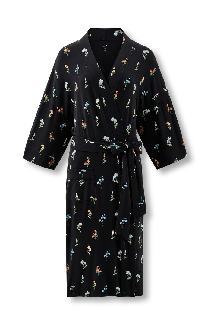 Black Women’s Kimono Robe in Wildflower print on a white background