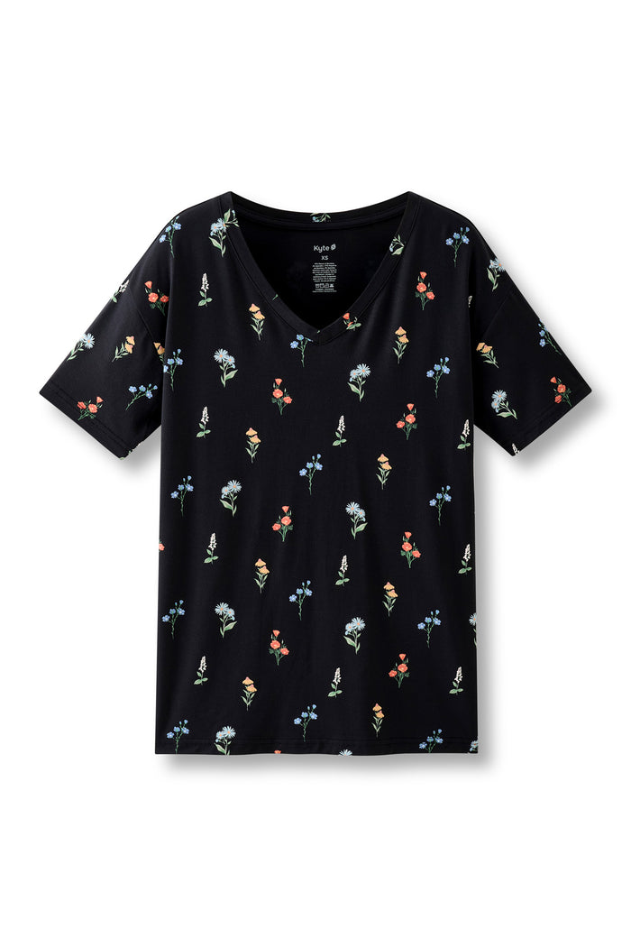 Black Women's Relaxed Fit V-Neck in  Wildflower print on a white background