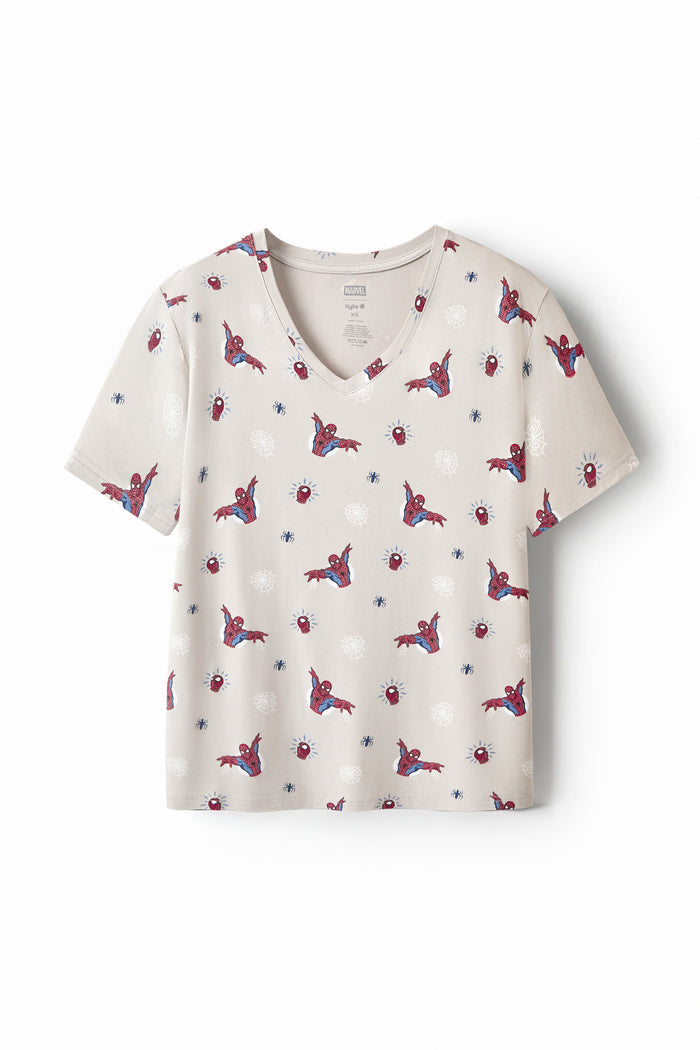 Women's Relaxed Fit V-Neck in Spider-Man print on a white background