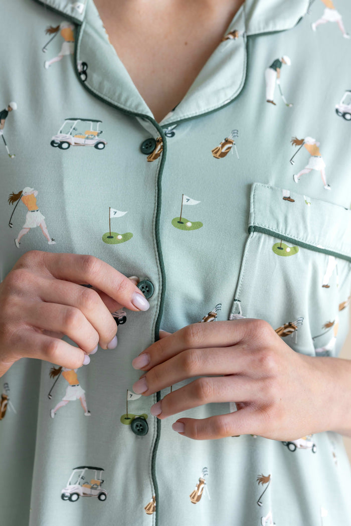 Front buttons in emerald on Women's Short Sleeve Pajama Set Shirt in Golf print