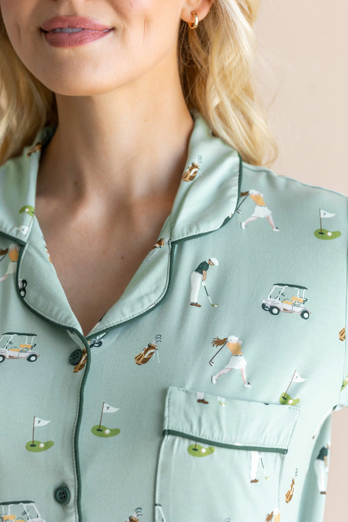 Model showcasing the Neck of Women's Short Sleeve Pajama Set in Golf print