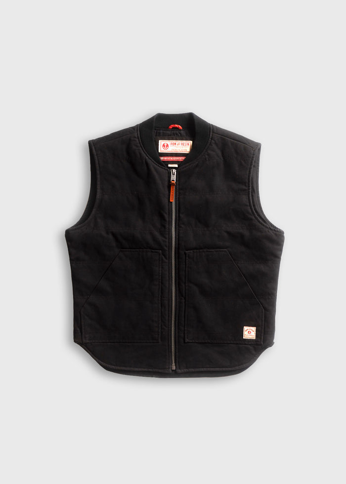 Black Iron & Resin vest with front zipper, two pockets, and logo tag, displayed on a light gray background.
