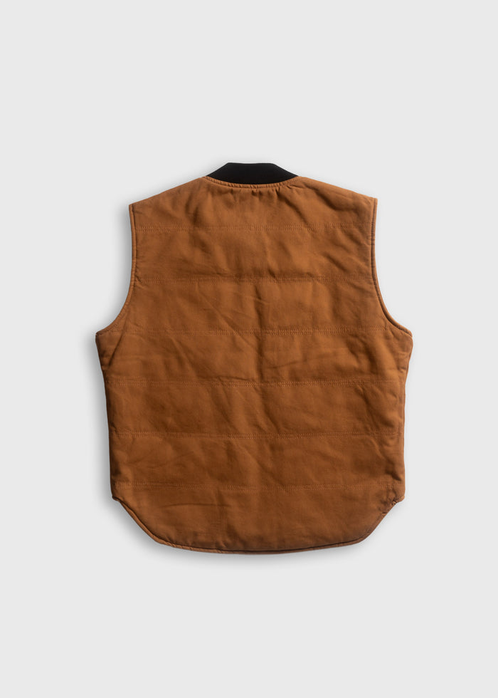 Brown quilted vest with a black collar, viewed from the back, on a plain white background.