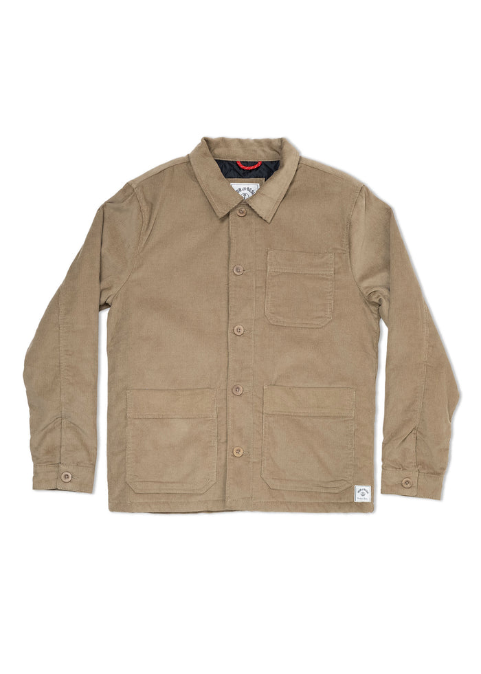 Tan button-up jacket with three front pockets, including a chest pocket. Classic collar and long sleeves. Casual style.