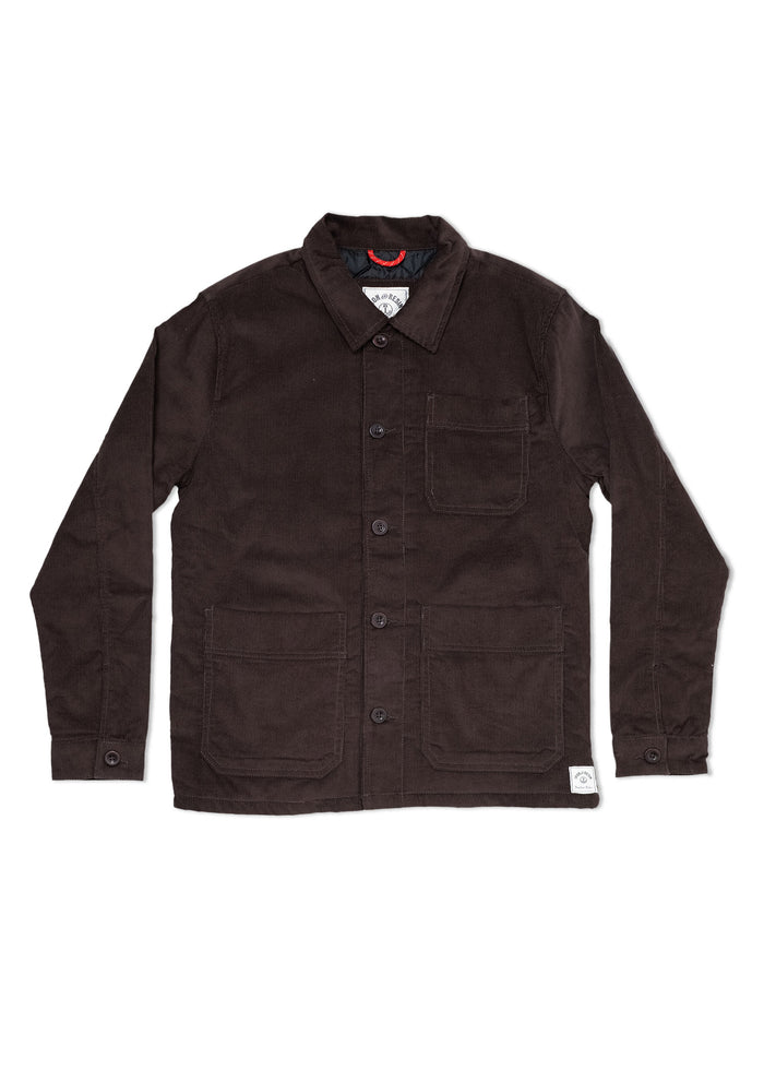 Dark brown corduroy jacket with a collar, button closure, and three front pockets, displayed on a white background.