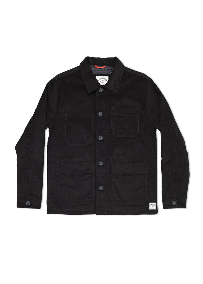 Black corduroy jacket with button front, three pockets, and a collar. Simple, stylish design for versatile wear.