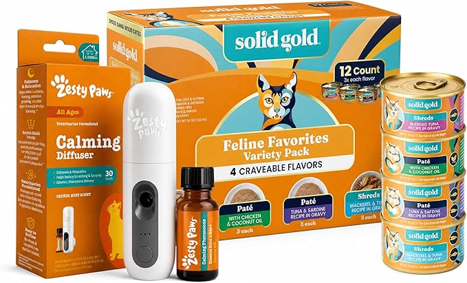 Zesty Paws calming diffuser, Solid Gold cat food variety pack with 12 cans, and wellness supplement bottle.
