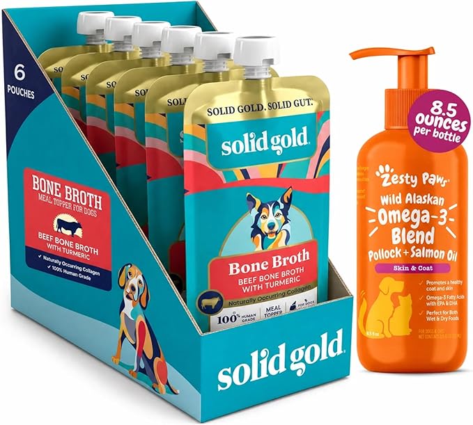 Six Solid Gold beef bone broth pouches and one orange Zesty Paws omega-3 supplement bottle with pump dispenser.