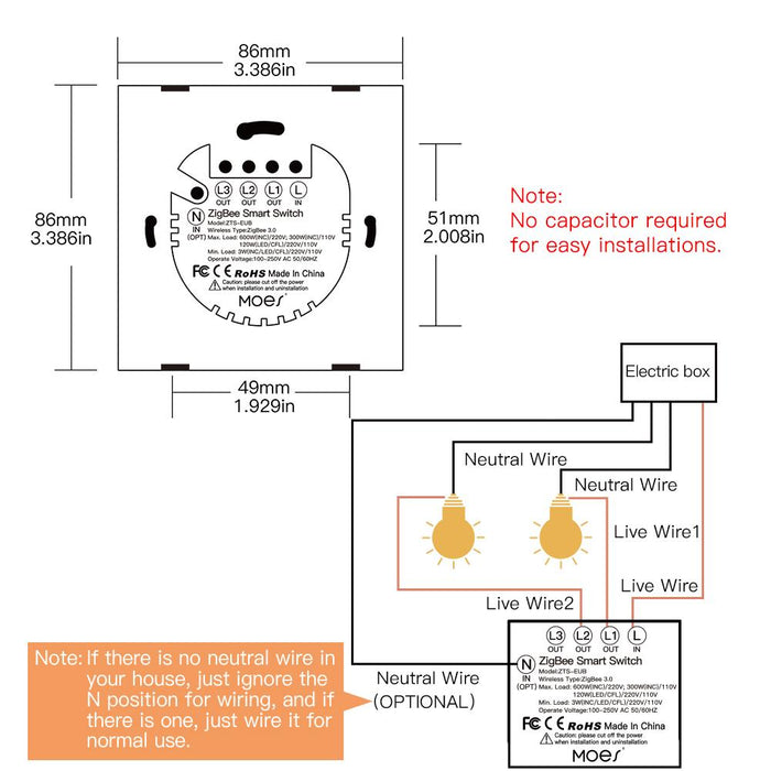 Note:No capacitor requiredfor easy installations. - Moes