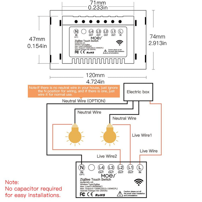ZigBee Wall Touch Smart Light Switch With Neutral Wire/No Neutral Wire,No Capacitor Needed Smart Life/Tuya 2/3 Way Muilti-Control Association Hub Required 1 Gang White - Moes