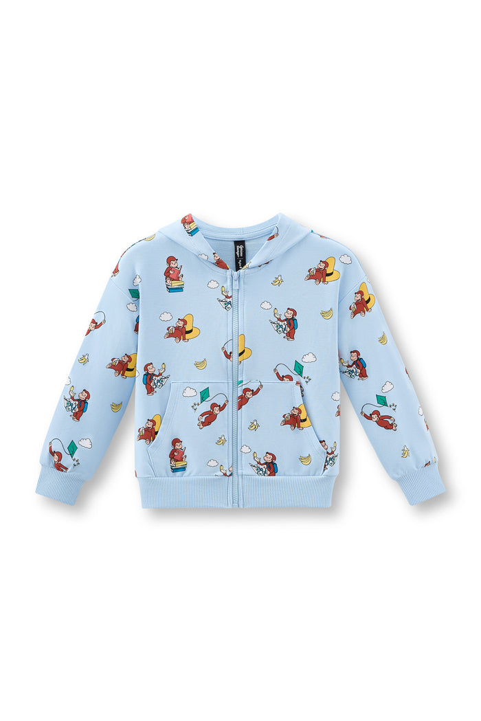 Blue Zip-Up Hoodie in Curious George print on a white background
