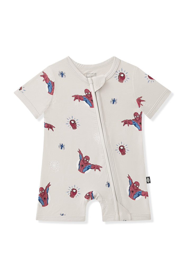 Oat Zipper Shortall Romper with Spider-Man print on a white background