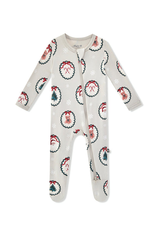 Zippered Footie in Holiday Medallion print on a white background