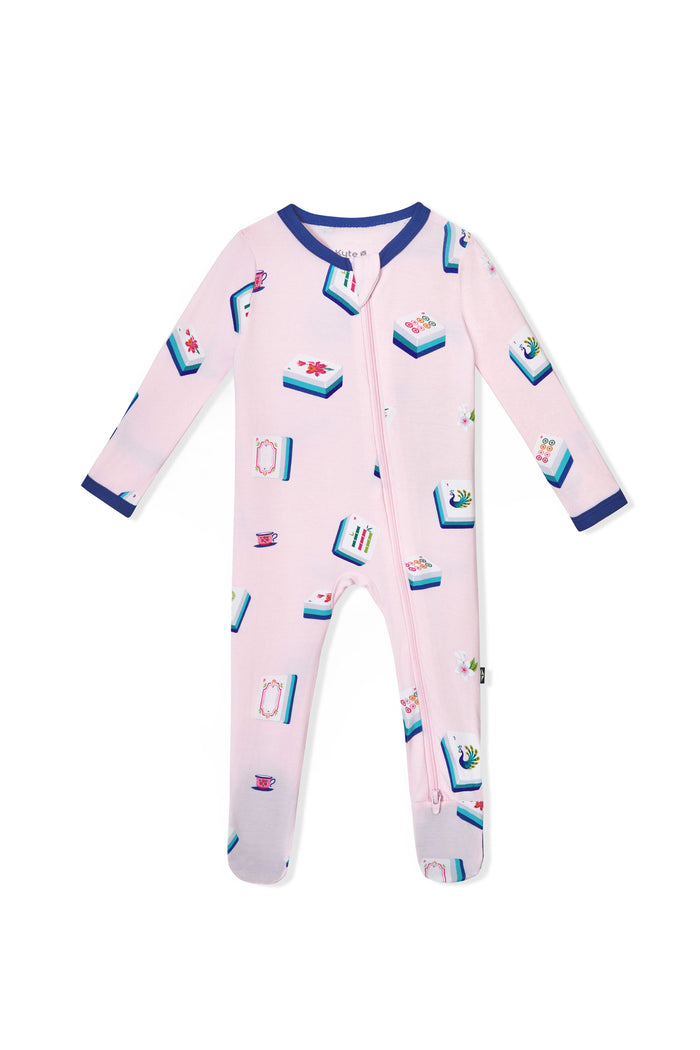 Pink Zippered Footie with Mahjong pattern on a white background