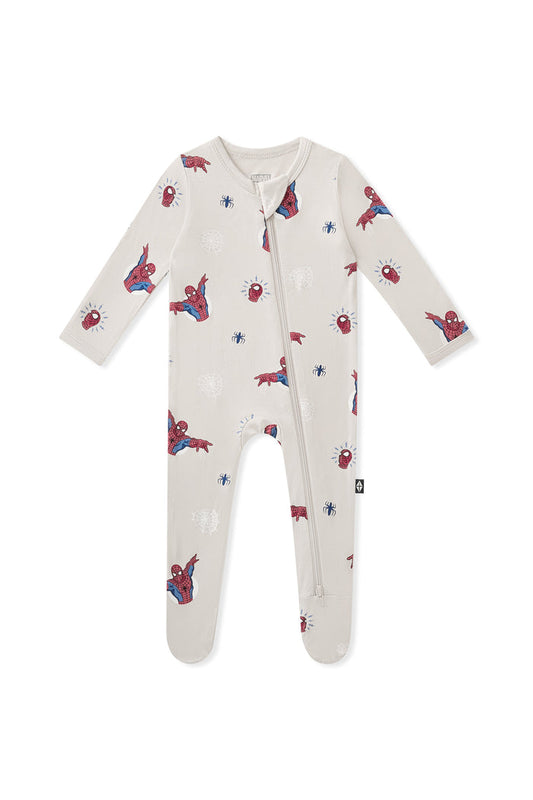 Oat Zippered Footie with Spider-Man print on a white background