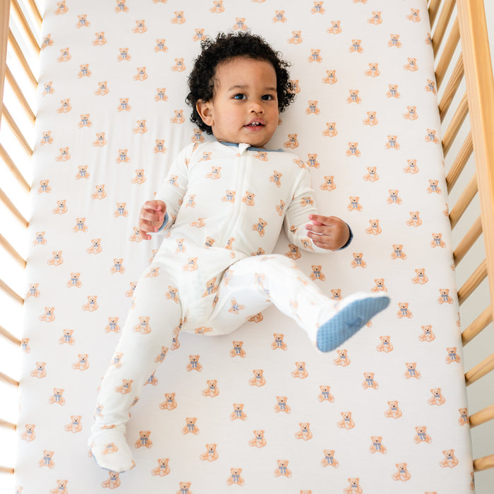 Child wearing Zippered Footie toddler pajamas in Teddy Bear