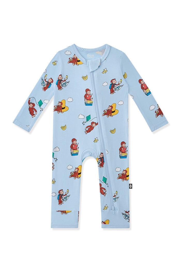 Blue Zippered Romper in Curious George print on a white background